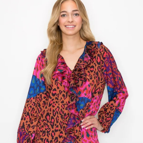 LIKE NEW!! JOH APPAREL Wanice Cascade Ruffle Printed Charmeuse Top/Size Medium - Picture 8 of 10